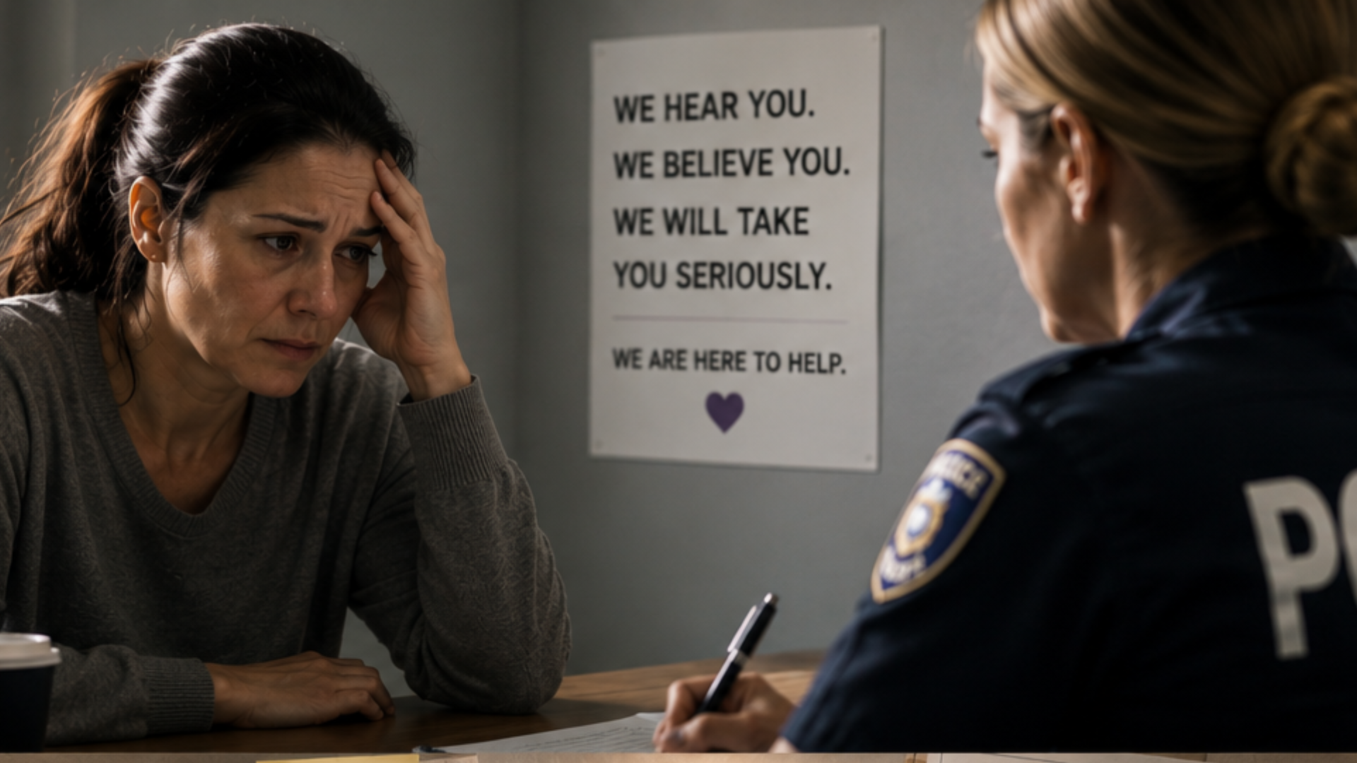 The wrong question shrinks the story - Healing Through Love Distressed woman seated at a table speaks with a police officer about getting help; poster behind reads 'We hear you. We believe you. We will take you seriously.'