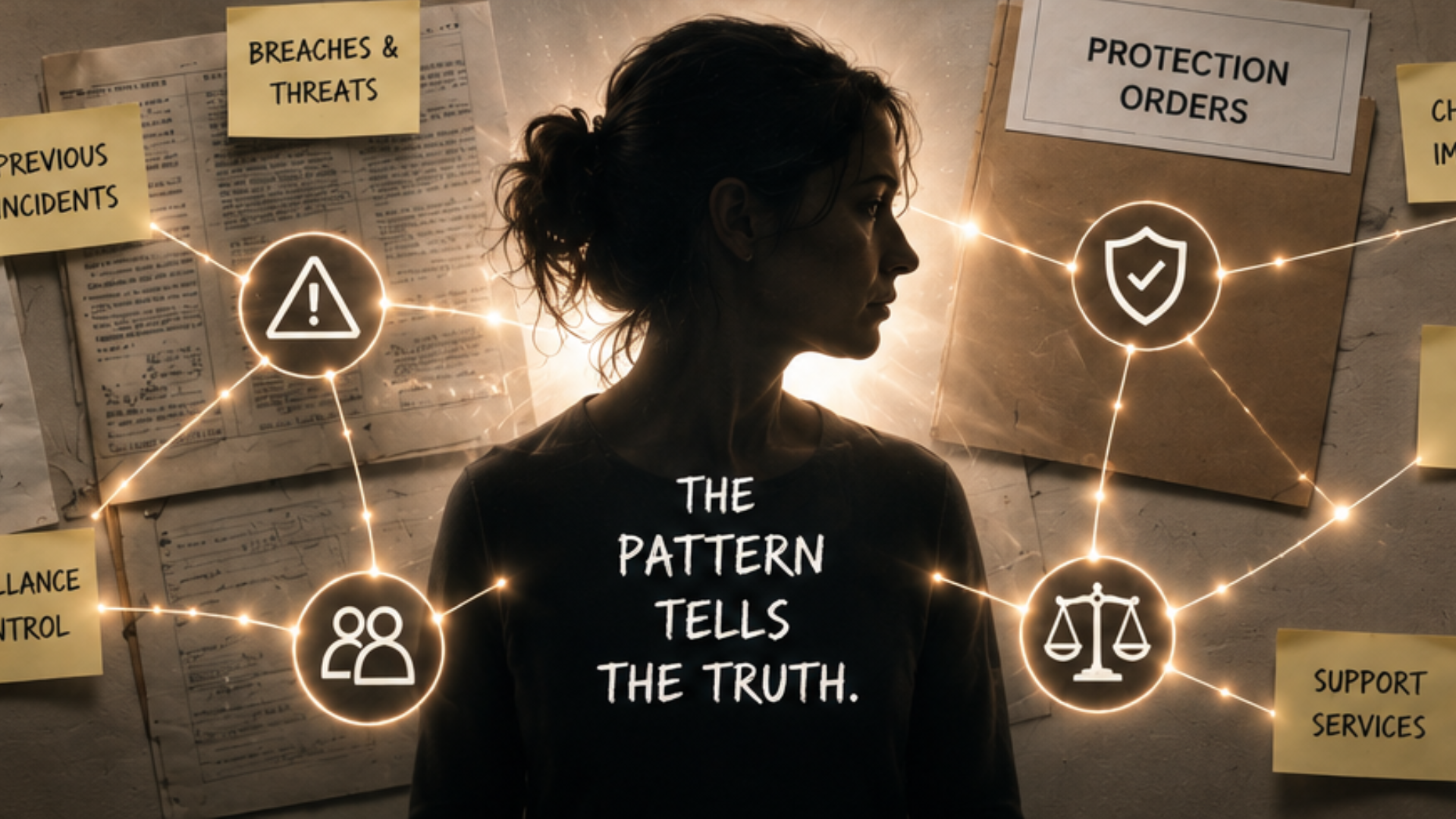 What a safer response requires - Healing Through Love Side-profile of a woman with glowing safety icons connected by lines around her; her shirt reads 'The pattern tells the truth' against a wall of notes about safety and incidents.